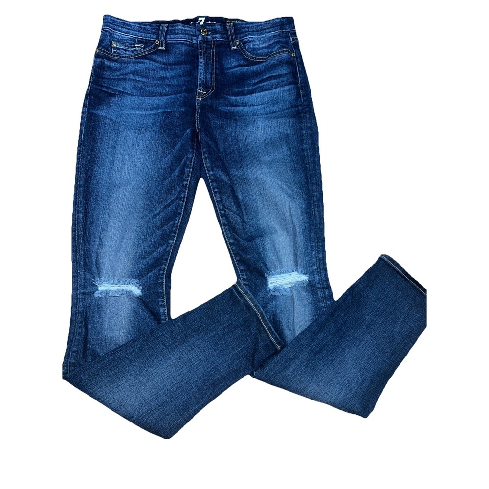 7 For All Mankind The Mid Rise Skinny Distressed Whisker Stretch Jeans Womens 30